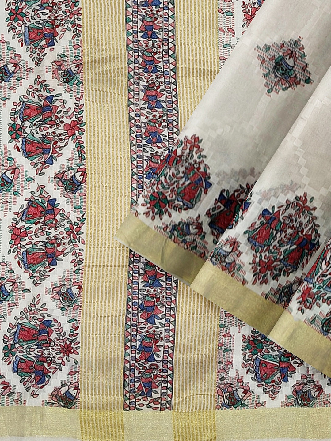Handpainted Madhubani Kota Silk Saree in White with Zari Border